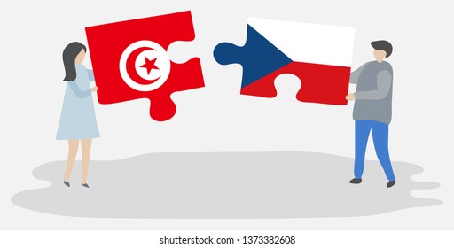 Couple holding two puzzles pieces with Tunisian and Czech flags. Tunisia and Czech Republic national symbols together.