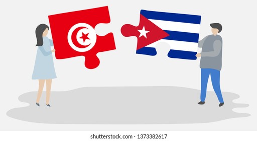 Couple holding two puzzles pieces with Tunisian and Cuban flags. Tunisia and Cuba national symbols together.