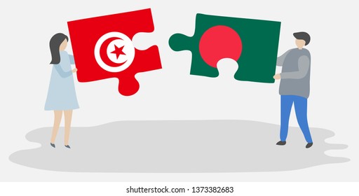 Couple holding two puzzles pieces with Tunisian and Bangladeshi flags. Tunisia and Bangladesh national symbols together.