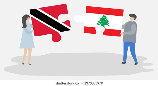 Couple holding two puzzles pieces with Trinidadian and Lebanese flags. Trinidad and Tobago and Lebanon national symbols together.