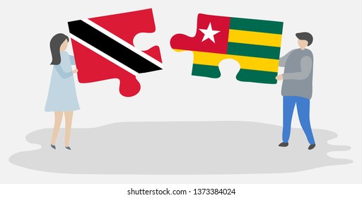 Couple holding two puzzles pieces with Trinidadian and Togolese flags. Trinidad and Tobago and Togo national symbols together.