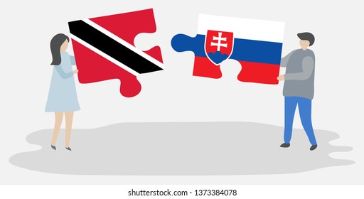 Couple holding two puzzles pieces with Trinidadian and Slovak flags. Trinidad and Tobago and Slovakia national symbols together.