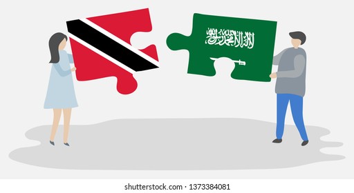 Couple holding two puzzles pieces with Trinidadian and Saudi Arabian flags. Trinidad and Tobago and Saudi Arabia national symbols together.