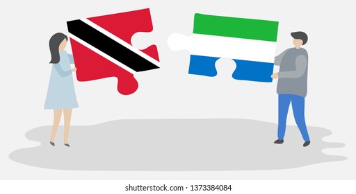 Couple holding two puzzles pieces with Trinidadian and Sierra Leonean flags. Trinidad and Tobago and Sierra Leone national symbols together.