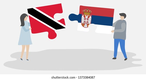 Couple holding two puzzles pieces with Trinidadian and Serbian flags. Trinidad and Tobago and Serbia national symbols together.