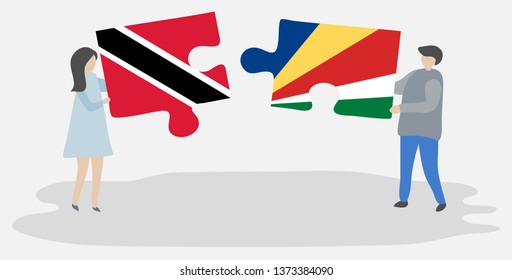 Couple holding two puzzles pieces with Trinidadian and Seychellois flags. Trinidad and Tobago and Seychelles national symbols together.