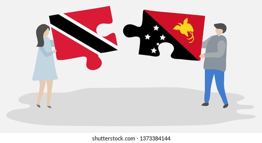 Couple holding two puzzles pieces with Trinidadian and Papuan flags. Trinidad and Tobago and Papua New Guinea national symbols together.