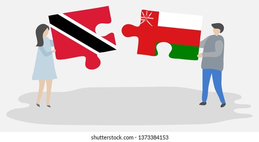 Couple holding two puzzles pieces with Trinidadian and Omani flags. Trinidad and Tobago and Oman national symbols together.