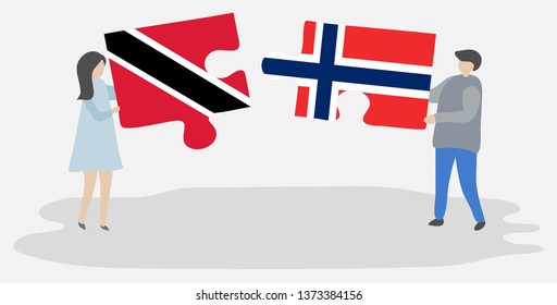 Couple holding two puzzles pieces with Trinidadian and Norwegian flags. Trinidad and Tobago and Norway national symbols together.