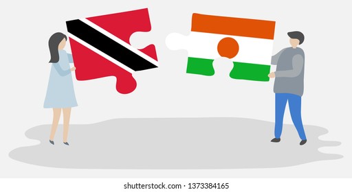 Couple holding two puzzles pieces with Trinidadian and Nigerien flags. Trinidad and Tobago and Niger national symbols together.