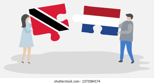 Couple holding two puzzles pieces with Trinidadian and Dutch flags. Trinidad and Tobago and Netherlands national symbols together.