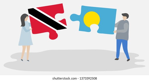 Couple holding two puzzles pieces with Trinidadian and Palauan flags. Trinidad and Tobago and Palau national symbols together.