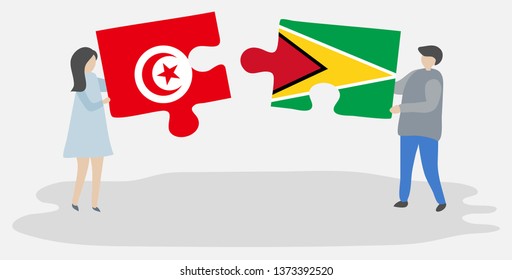 Couple holding two puzzles pieces with Tunisian and Guyanese flags. Tunisia and Guyana national symbols together.