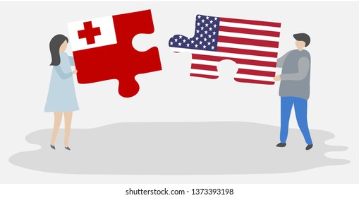 Couple holding two puzzles pieces with Tongan and American flags. Tonga and United States of America national symbols together.