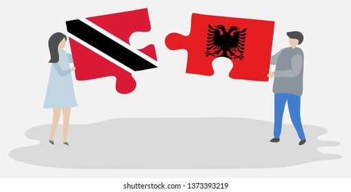 Couple holding two puzzles pieces with Trinidadian and Albanian flags. Trinidad and Tobago and Albania national symbols together.