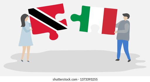 Couple holding two puzzles pieces with Trinidadian and Italian flags. Trinidad and Tobago and Italy national symbols together.