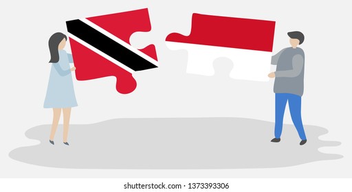 Couple holding two puzzles pieces with Trinidadian and Indonesian flags. Trinidad and Tobago and Indonesia national symbols together.