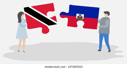Couple holding two puzzles pieces with Trinidadian and Haitian flags. Trinidad and Tobago and Haiti national symbols together.