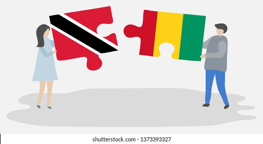 Couple holding two puzzles pieces with Trinidadian and Guinean flags. Trinidad and Tobago and Guinea national symbols together.