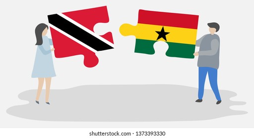 Couple holding two puzzles pieces with Trinidadian and Ghanaian flags. Trinidad and Tobago and Ghana national symbols together.