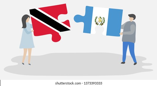 Couple holding two puzzles pieces with Trinidadian and Guatemalan flags. Trinidad and Tobago and Guatemala national symbols together.