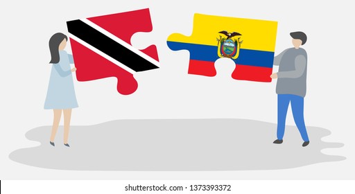 Couple holding two puzzles pieces with Trinidadian and Ecuadorian flags. Trinidad and Tobago and Ecuador national symbols together.