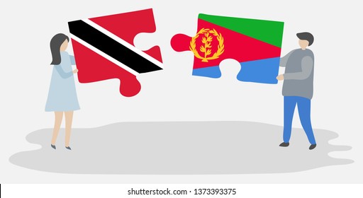 Couple holding two puzzles pieces with Trinidadian and Eritrean flags. Trinidad and Tobago and Eritrea national symbols together.