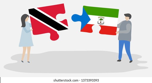 Couple holding two puzzles pieces with Trinidadian and Equatorial Guinean flags. Trinidad and Tobago and Equatorial Guinea national symbols together.