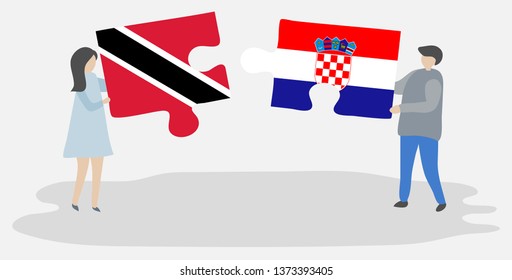 Couple holding two puzzles pieces with Trinidadian and Croatian flags. Trinidad and Tobago and Croatia national symbols together.