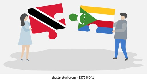 Couple holding two puzzles pieces with Trinidadian and Comoran flags. Trinidad and Tobago and Comoros national symbols together.