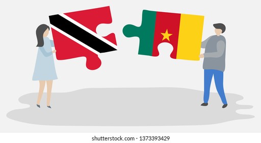 Couple holding two puzzles pieces with Trinidadian and Cameroonian flags. Trinidad and Tobago and Cameroon national symbols together.