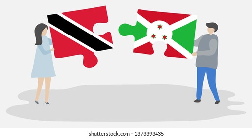 Couple holding two puzzles pieces with Trinidadian and Burundian flags. Trinidad and Tobago and Burundi national symbols together.