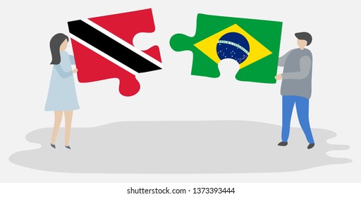 Couple holding two puzzles pieces with Trinidadian and Brazilian flags. Trinidad and Tobago and Brazil national symbols together.