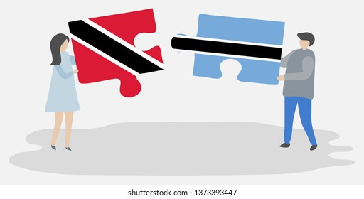 Couple holding two puzzles pieces with Trinidadian and Motswana flags. Trinidad and Tobago and Botswana national symbols together.