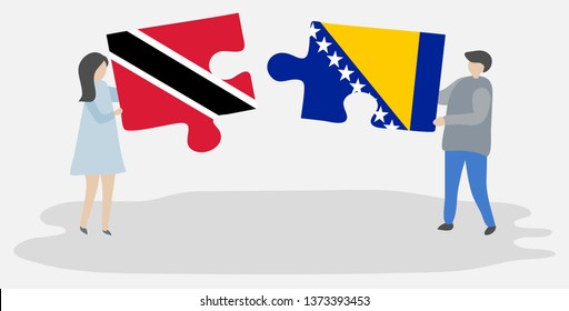 Couple holding two puzzles pieces with Trinidadian and Bosnian flags. Trinidad and Tobago and Bosnia and Herzegovina national symbols together.