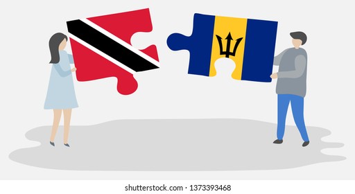Couple holding two puzzles pieces with Trinidadian and Barbadian flags. Trinidad and Tobago and Barbados national symbols together.