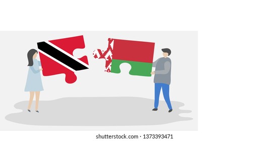 Couple holding two puzzles pieces with Trinidadian and Belarusian flags. Trinidad and Tobago and Belarus national symbols together.