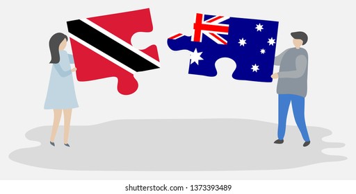 Couple holding two puzzles pieces with Trinidadian and Australian flags. Trinidad and Tobago and Australia national symbols together.