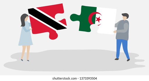 Couple holding two puzzles pieces with Trinidadian and Algerian flags. Trinidad and Tobago and Algeria national symbols together.
