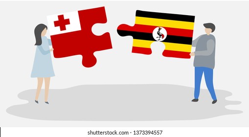 Couple holding two puzzles pieces with Tongan and Ugandan flags. Tonga and Uganda national symbols together.