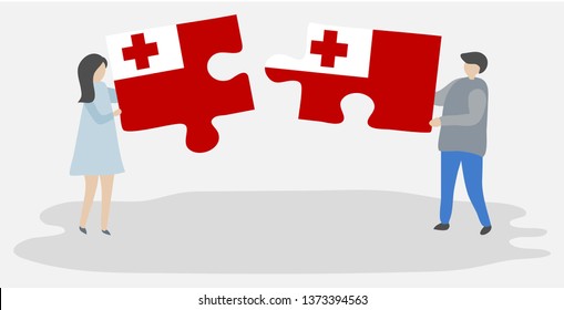 Couple holding two puzzles pieces with Tongan and Tongan flags. Tonga and Tonga national symbols together.
