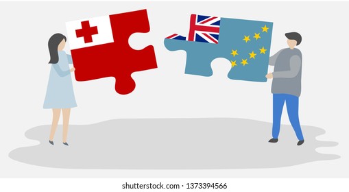 Couple holding two puzzles pieces with Tongan and Tuvaluan flags. Tonga and Tuvalu national symbols together.
