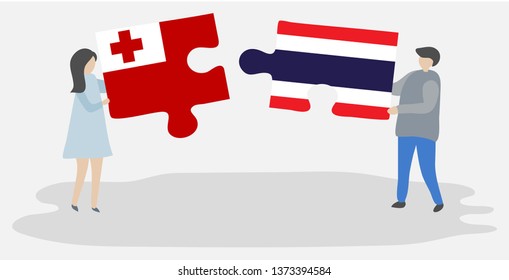 Couple holding two puzzles pieces with Tongan and Thai flags. Tonga and Thailand national symbols together.