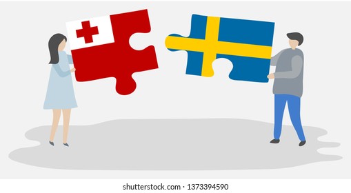Couple holding two puzzles pieces with Tongan and Swedish flags. Tonga and Sweden national symbols together.