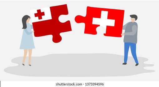 Couple holding two puzzles pieces with Tongan and Swiss flags. Tonga and Switzerland national symbols together.