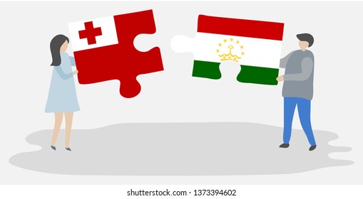 Couple holding two puzzles pieces with Tongan and Tajikistani flags. Tonga and Tajikistan national symbols together.