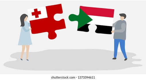 Couple holding two puzzles pieces with Tongan and Sudanese flags. Tonga and Sudan national symbols together.