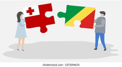 Couple holding two puzzles pieces with Tongan and Congolese flags. Tonga and Republic of the Congo national symbols together.