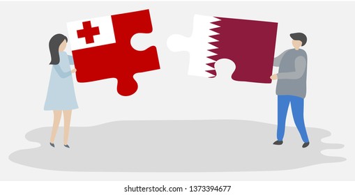 Couple holding two puzzles pieces with Tongan and Qatari flags. Tonga and Qatar national symbols together.