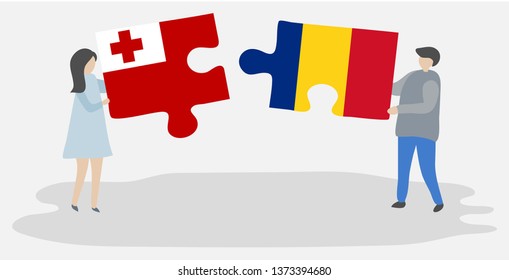 Couple holding two puzzles pieces with Tongan and Romanian flags. Tonga and Romania national symbols together.